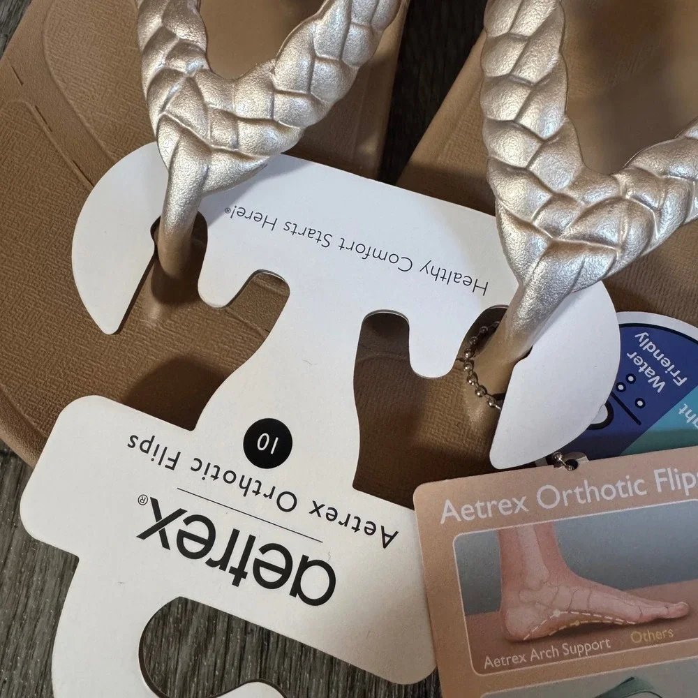 Aetrex Vicki Orthotic Flip Flops Womens 10 Champagne Gloss Braided Sandals NEW